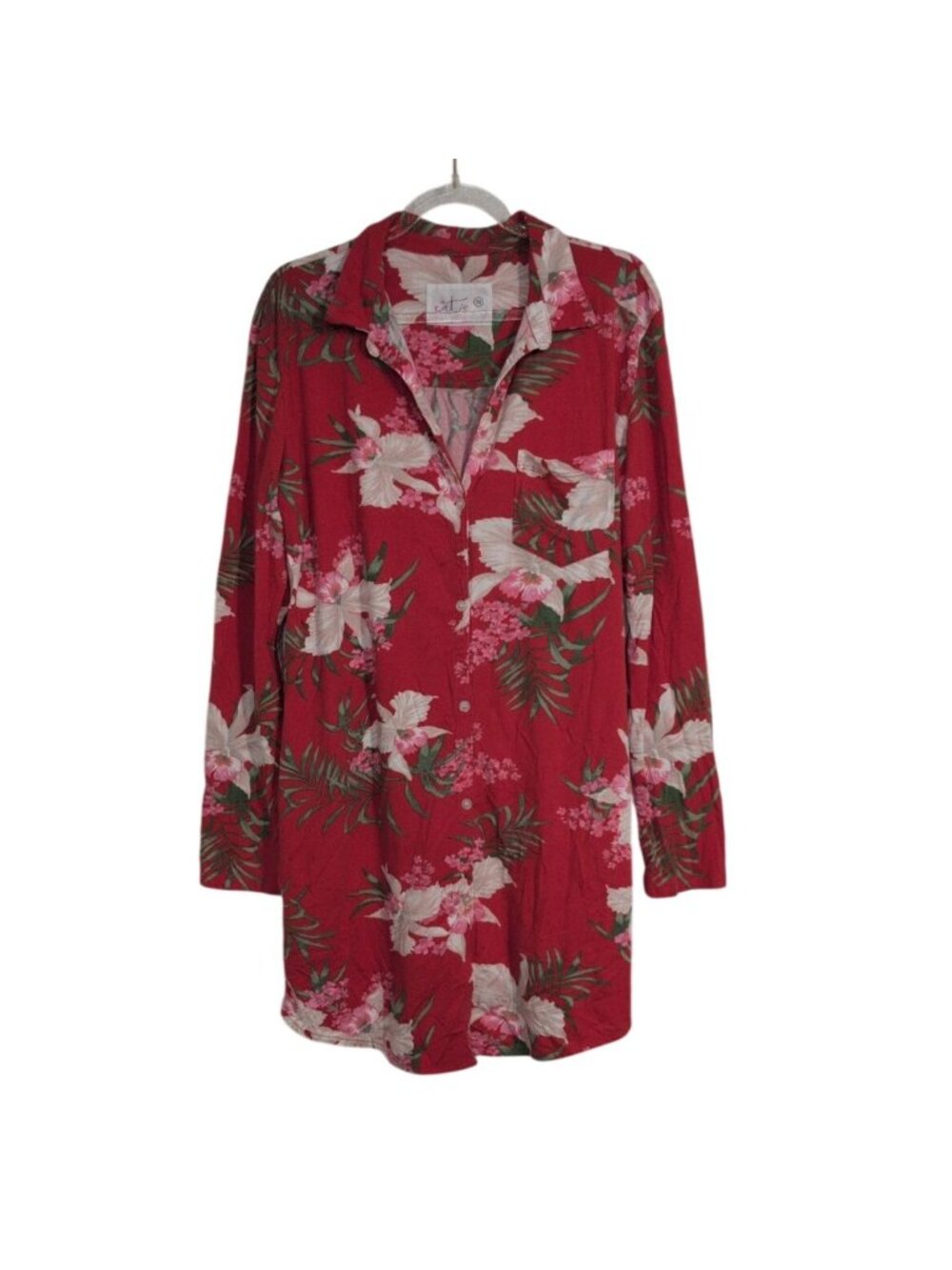 The Cats Pajamas Flora Festiva Pima Nightshirt Womens Size Medium Red Stretch